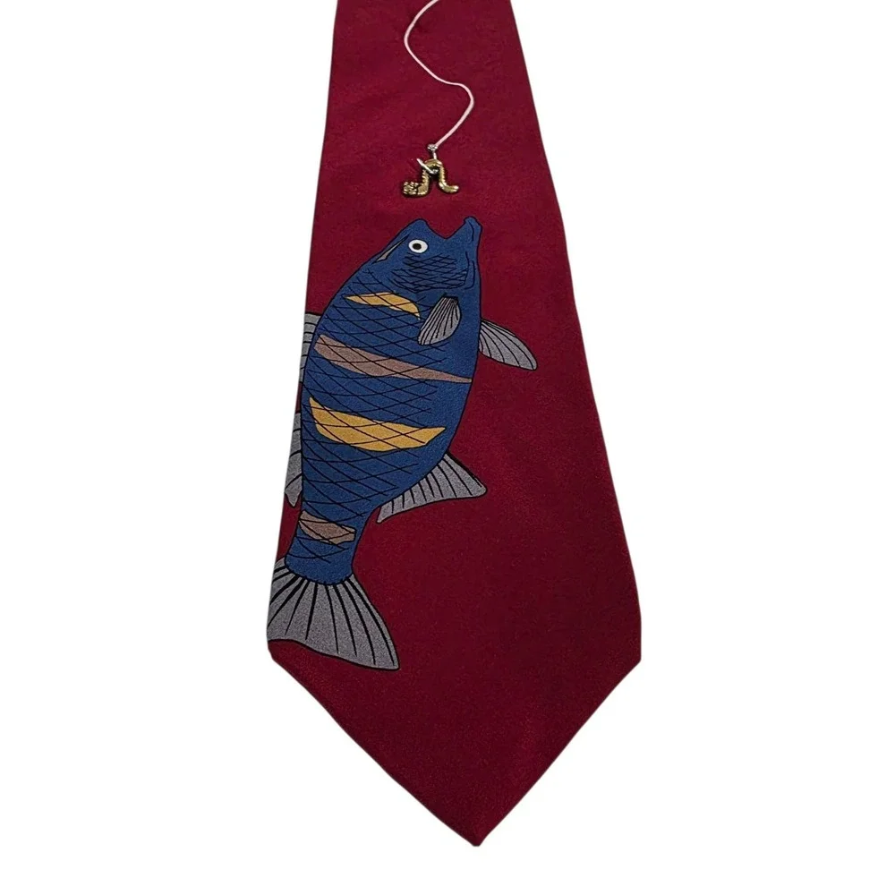Vicky Davis 'Getting Hooked' Burgundy Fish‎ Fishing Silk Necktie Men's Outdoors